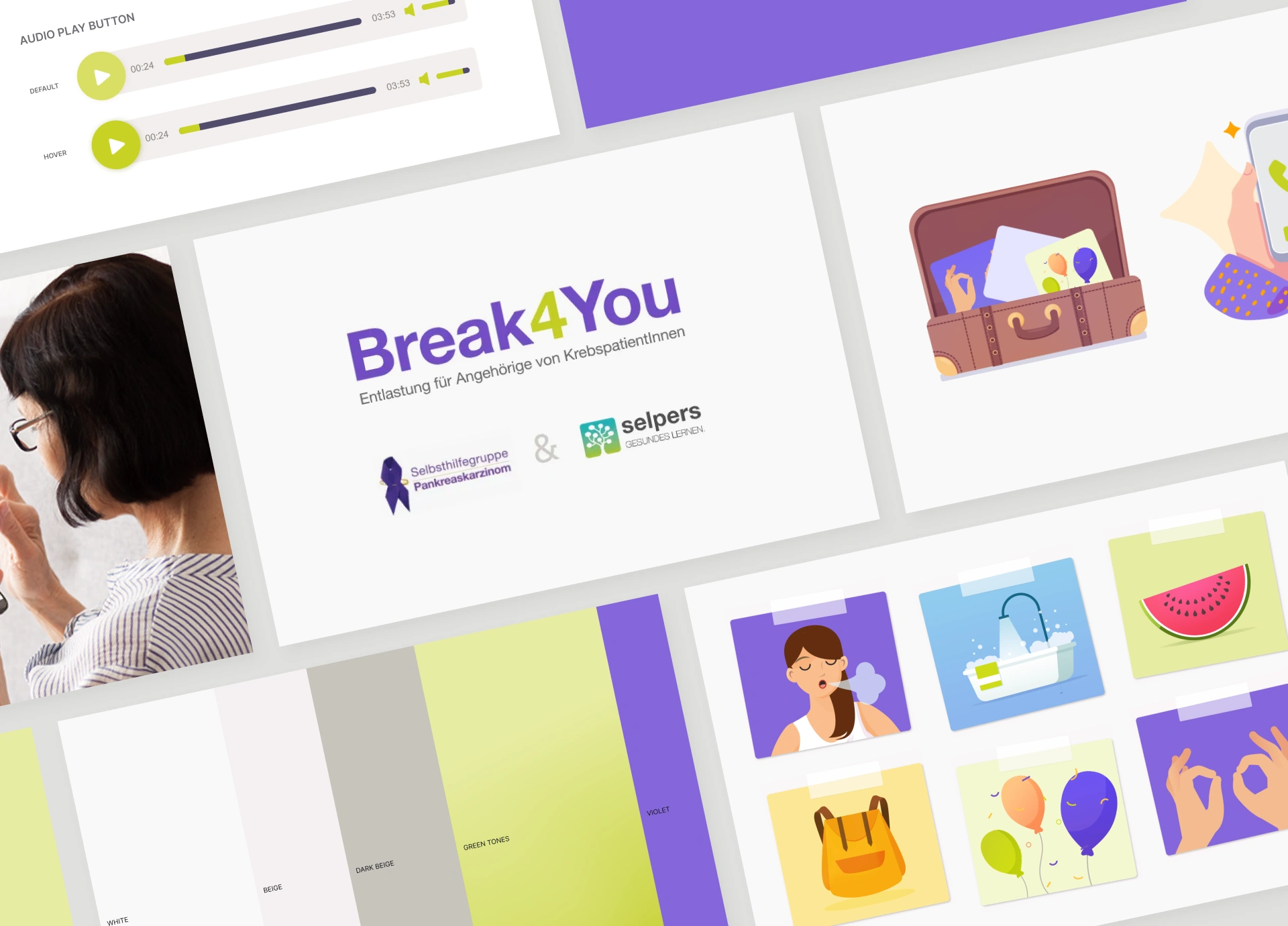 The Break4You brand system: the logo with its partner marks, green audio-player button states, the violet-and-green colour palette and a set of warm flat illustrations