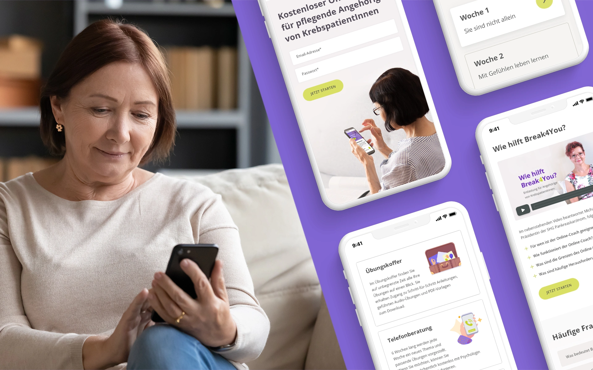 A woman on a sofa using her phone, surrounded by Break4You app screens: the free sign-up, the six-week overview, a “Wie hilft Break4You?” explainer video and the exercise toolbox