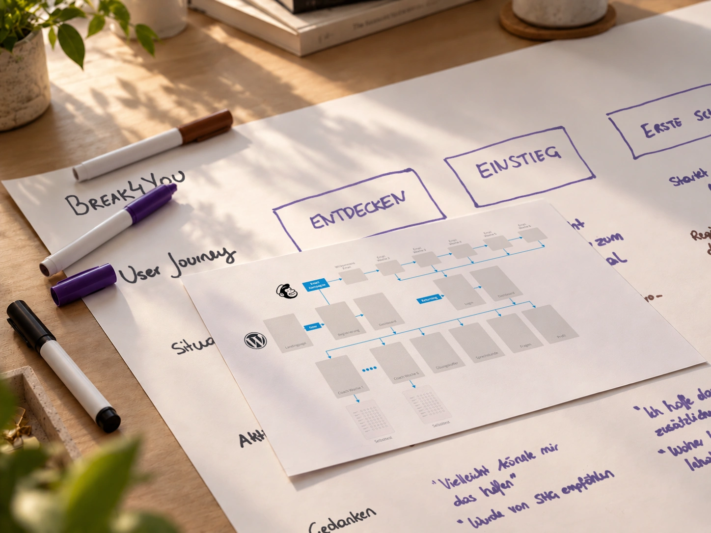 Hand-drawn UX planning on a desk — sketched user-journey stages beside a printed flowchart mapping the Break4You sign-up and six-week coaching path