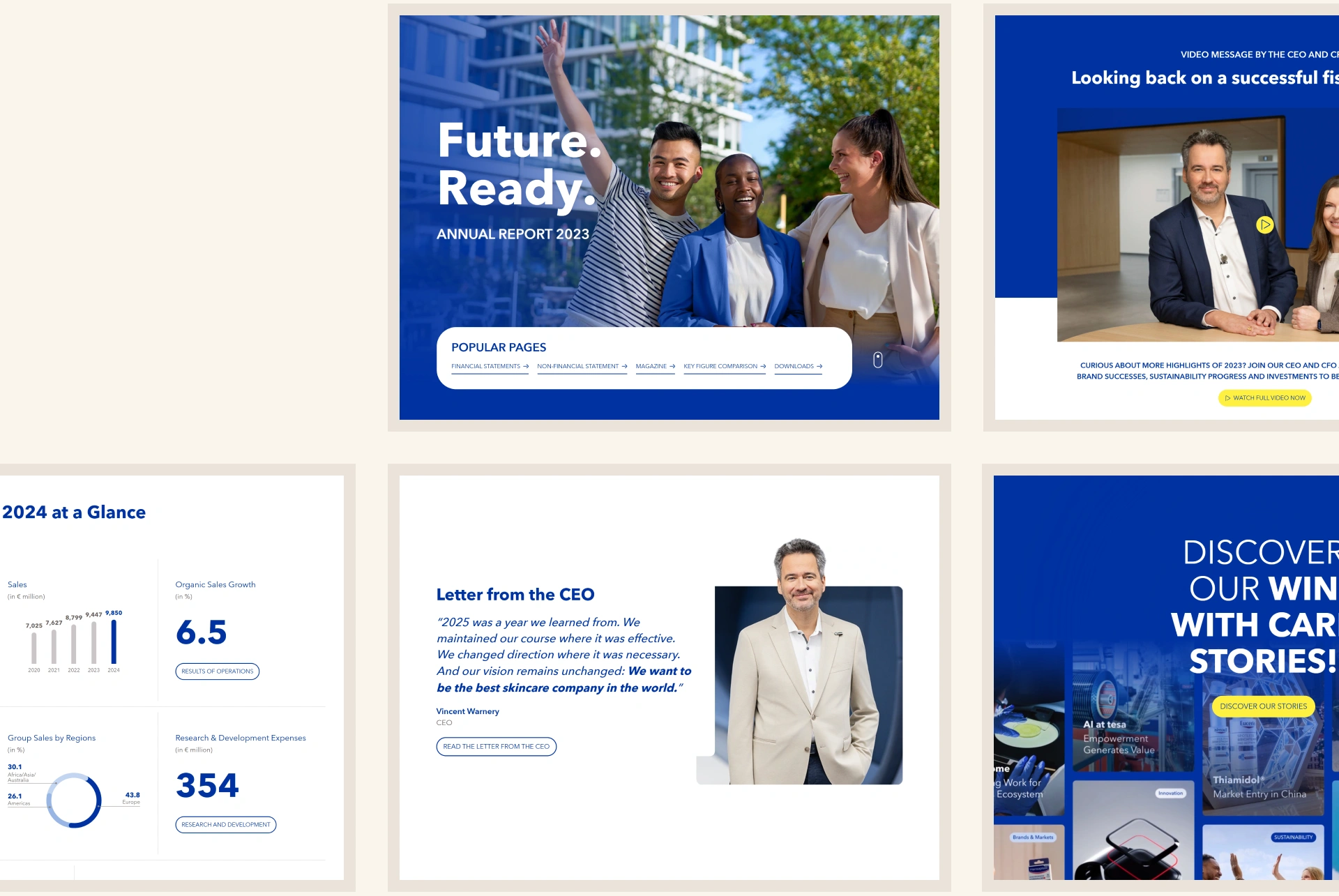 Collage of Beiersdorf annual report pages: the cover, a CEO video message, a key-figures overview and the CEO’s letter