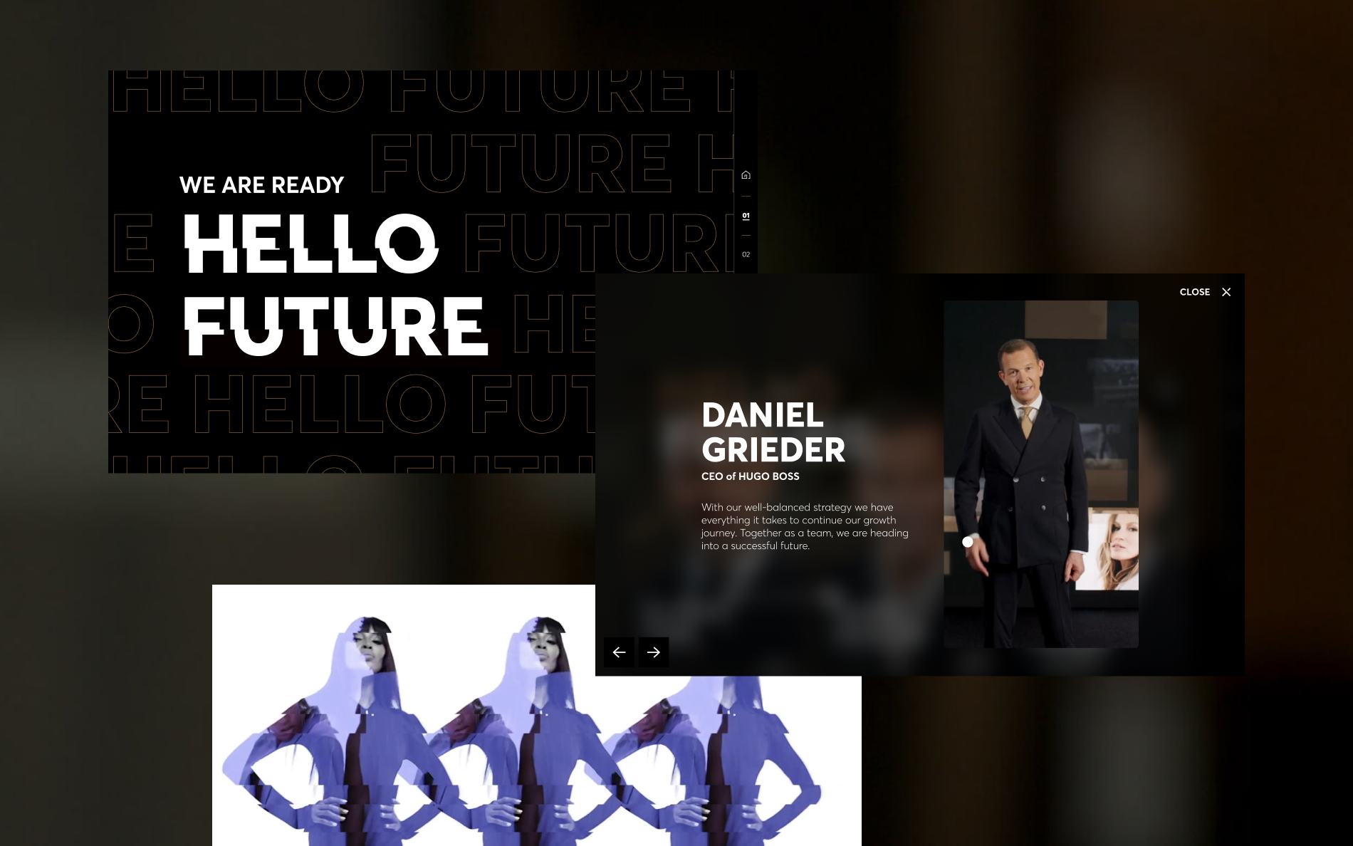 Screens from the 2023 “Hello Future” report: a title screen with repeating outlined “Hello Future” type, a glitch-effect fashion portrait and a CEO statement from Daniel Grieder