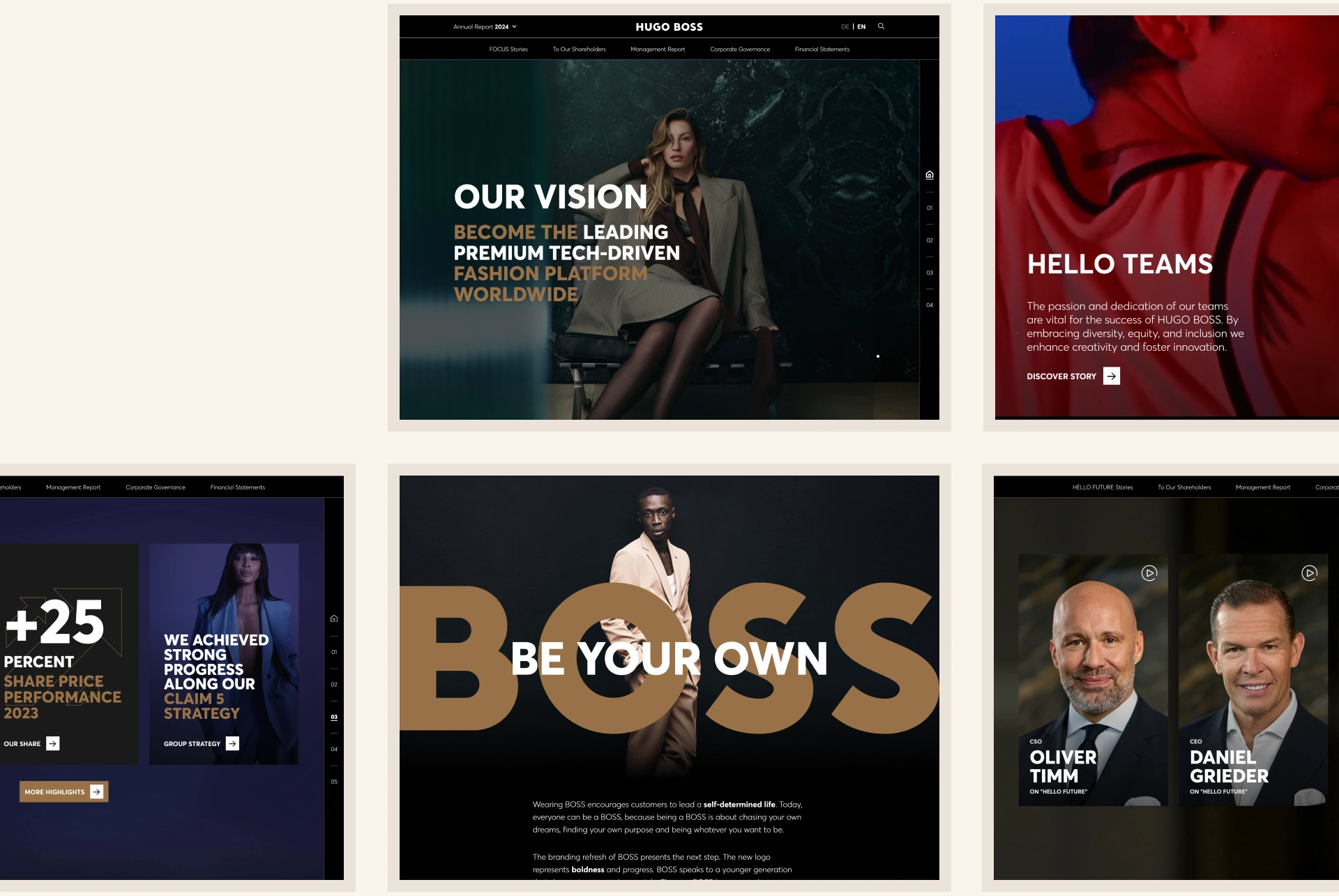 A collage of HUGO BOSS annual report web pages: the “Our Vision” statement, a “Hello Team” diversity story, a “Be Your Own Boss” cover and video interviews with the CSO and CEO