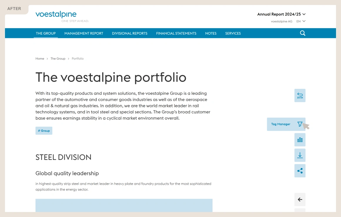 The redesigned voestalpine annual report (2024/25), labelled ‘After’ — the same portfolio page with cleaner typography, more space and a floating tool sidebar