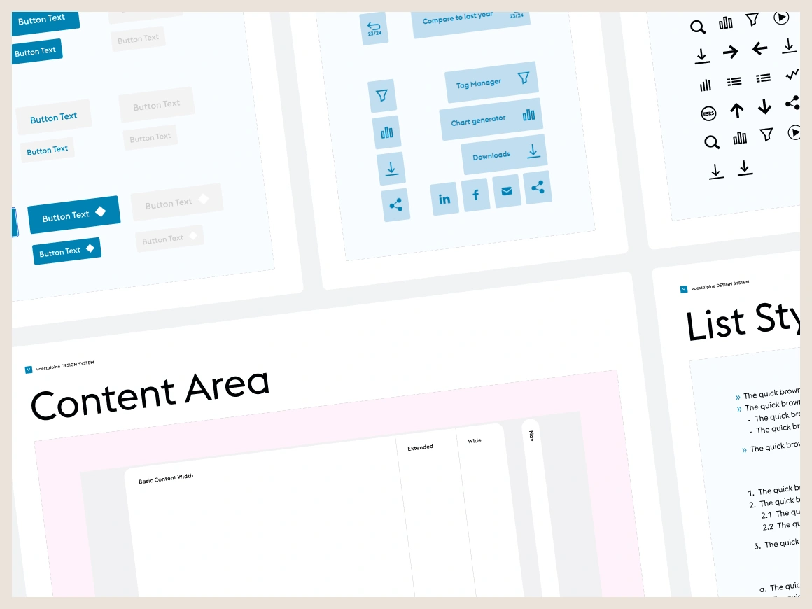 Pages from the voestalpine design system: button styles, an icon set, UI component groups and the content-width and list-style specifications